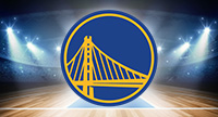 Logo de Golden State Warriors sobre un fondo en forma de una cancha de baloncesto