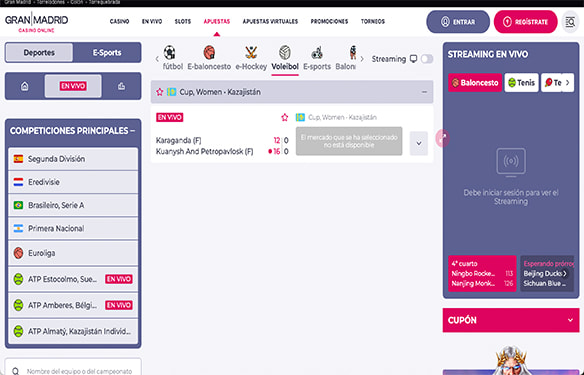 La oferta de partidos de voleibol en vivo en la casa de apuestas Gran Madrid Casino Online.