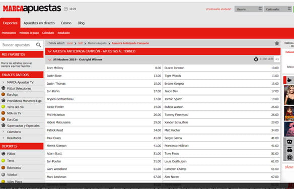 Apuestas en directo al campeón del US Masters de golf en Marca Apuestas.