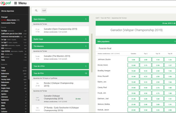 Apuestas de golf en directo para la Valspar Championship del circuito europeo en el operador Paf.