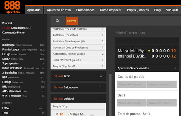 La plataforma en vivo del operador 888sport con la retransmisión en directo de un partido de la liga turca de voleibol.