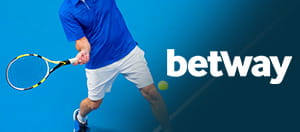 Jugador de tenis en acción y logo de Betway