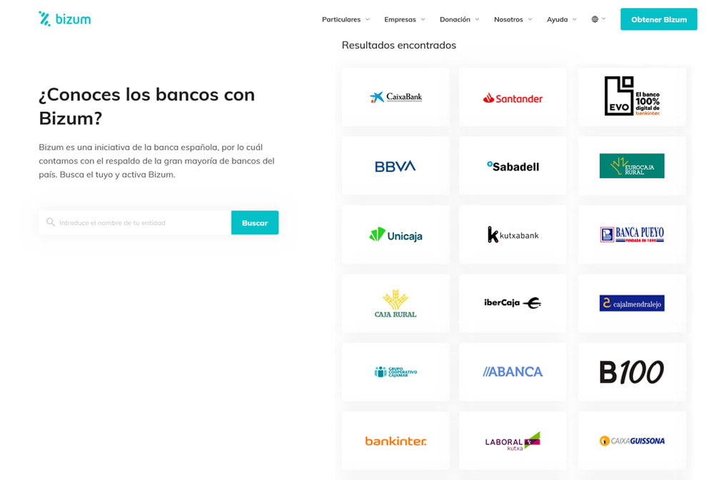 Página web oficial de Bizum con los bancos disponibles para apostar.