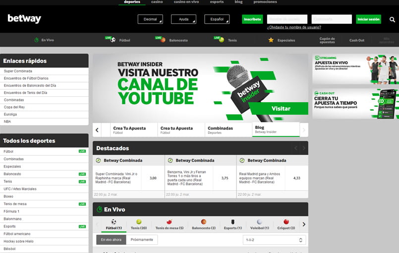 Página principal de apuestas deportivas de Betway
