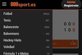 Listado parcial de los deportes disponibles para apostar en 888sport desde el móvil. 