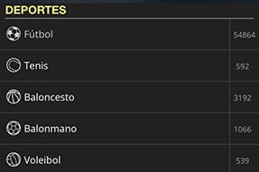 Sección de deportes en la app de Suertia para el móvil.