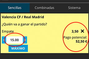 Página de confirmación de la selección de apuesta, donde aparece la apuesta, su valor y su pago potencial destacado.