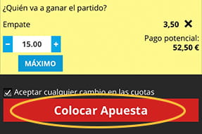 Página de confirmación de la selección de apuesta, donde el botón de colocar apuesta destacado.