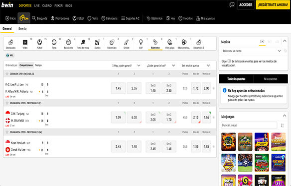 Pantalla principal de apuestas en vivo para bádminton en bwin.