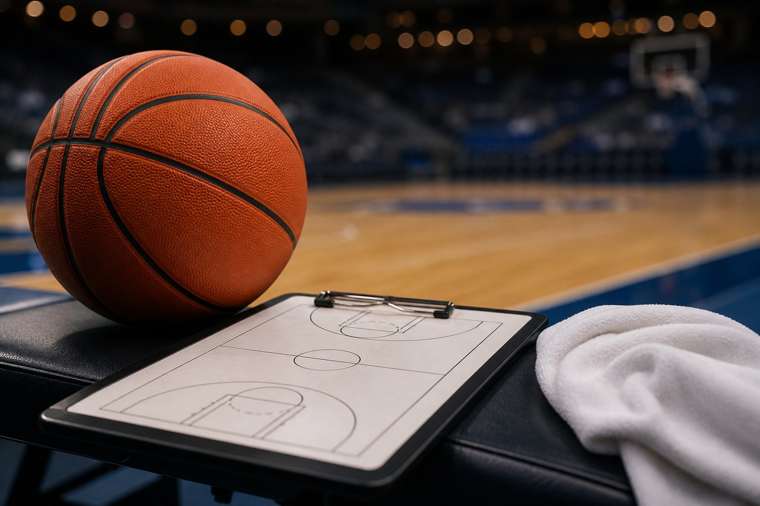 Balón de baloncesto junto a una pizarra táctica de entrenador al borde de una cancha vacía