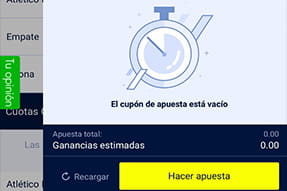 Cupón de apuestas de la app William Hill para móvil que está vacío.