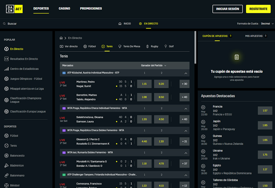 Mercados y cuotas en DAZN Bet