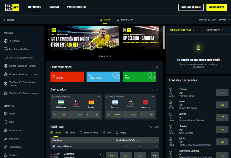 Página principal de la casa de apuestas DAZN Bet online