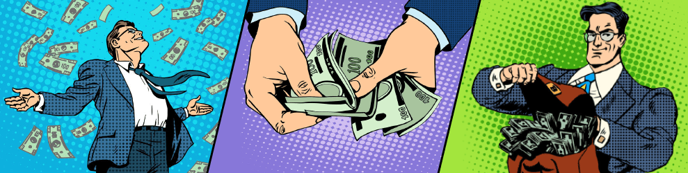 Tres dibujos de un hombre con billetes a emplear en diferentes tipos de apuestas