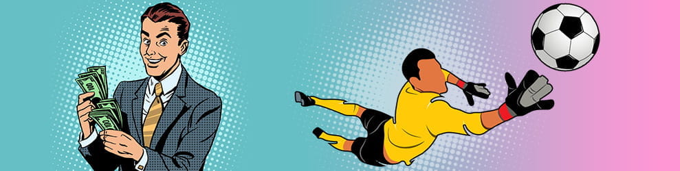 Un hombre cuenta dinero y un portero de fútbol realizando una parada