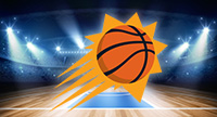 Logo de Phoenix Suns sobre un fondo mostrando una cancha de baloncesto iluminada