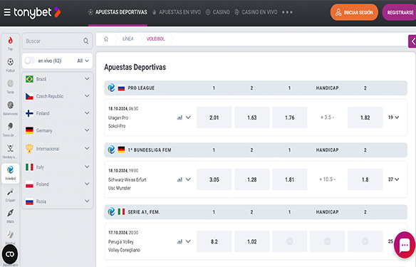 Mercados de apuestas de voleibol en la casa de apuestas deportivas TonyBet