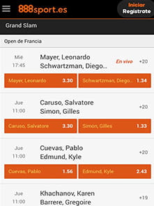Listado parcial de los partidos de tenis y sus respectivos mercados de apuesta disponibles en 888sport desde el móvil para el Open de Francia.