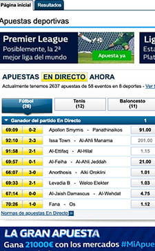 Listado de los partidos de fútbol a los que se puede apostar en vivo en William Hill.