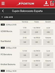 Cupón de apuestas para la Liga ACB de baloncesto en la aplicación móvil del operador Sportium.