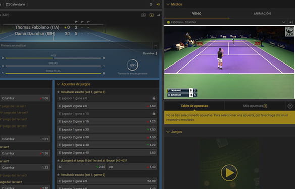 Sección de apuestas de tenis en vivo en la página de bwin