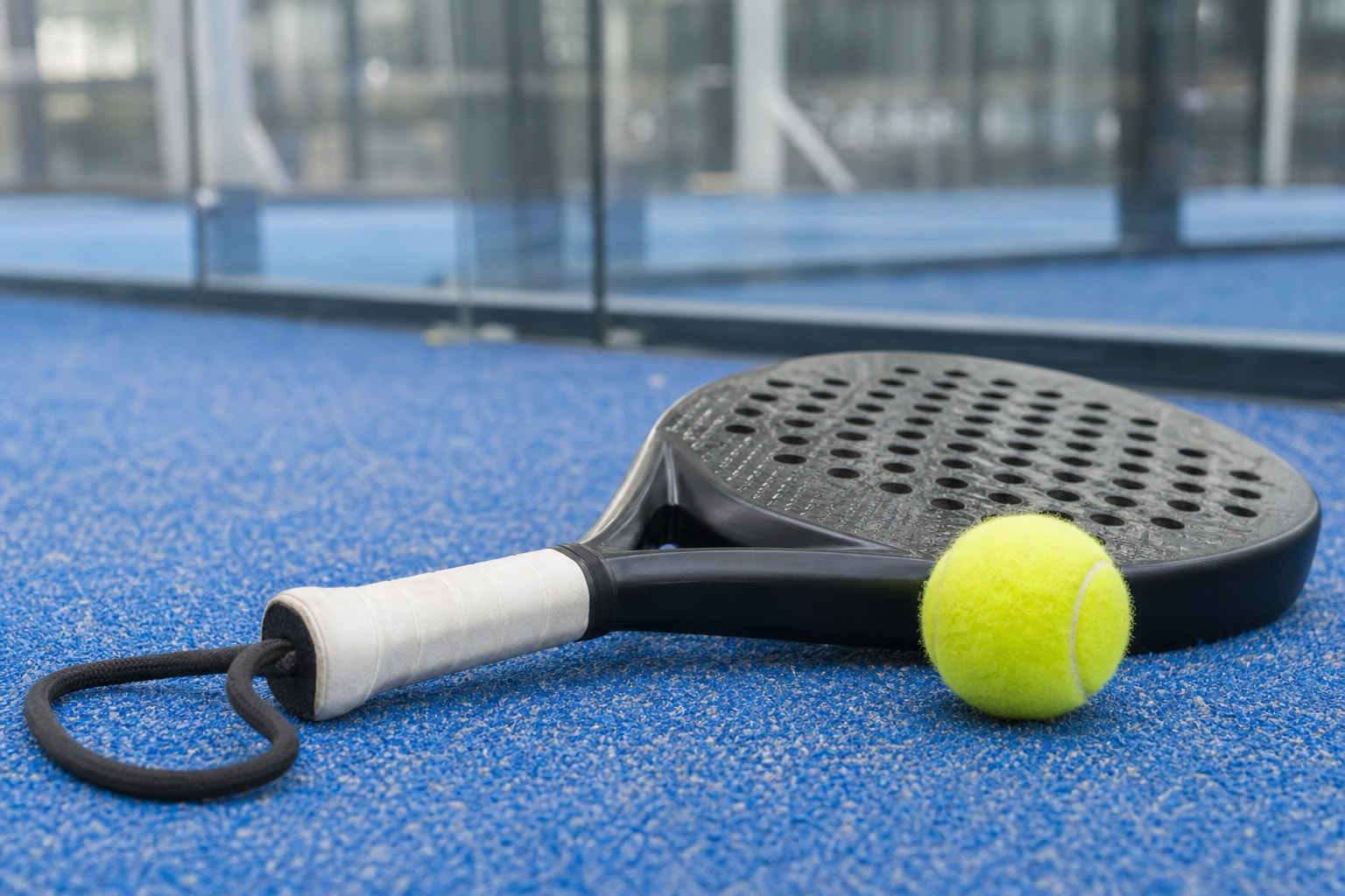 Pala de pádel y pelota sobre la pista con la pared de cristal al fondo