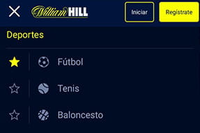 Lista de deportes disponibles en la app de William Hill para móvil.