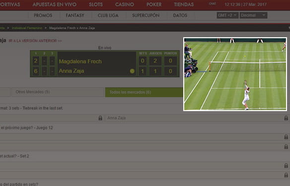 Seción de apuestas de tenis en vivo en la página de Sportium