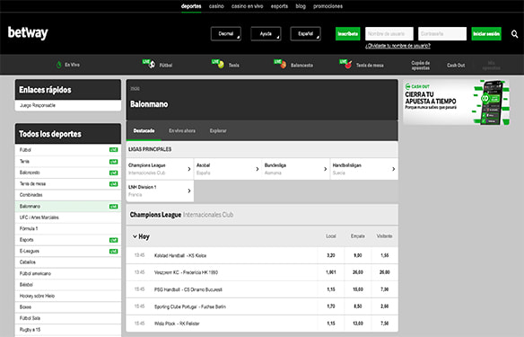 Principales mercados de apuestas de balonmano en Betway.