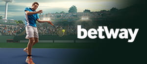 Jugador de tenis en acción y logo de Betway