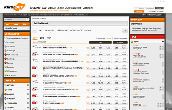 Calendario de eventos de balonmano en vivo y futuros en el operador KIROLBET.