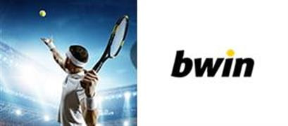 Jugador de tenis en acción y logo de bwin