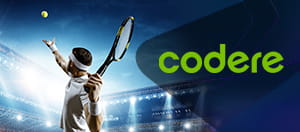 Jugador de tenis en acción y logo de Codere