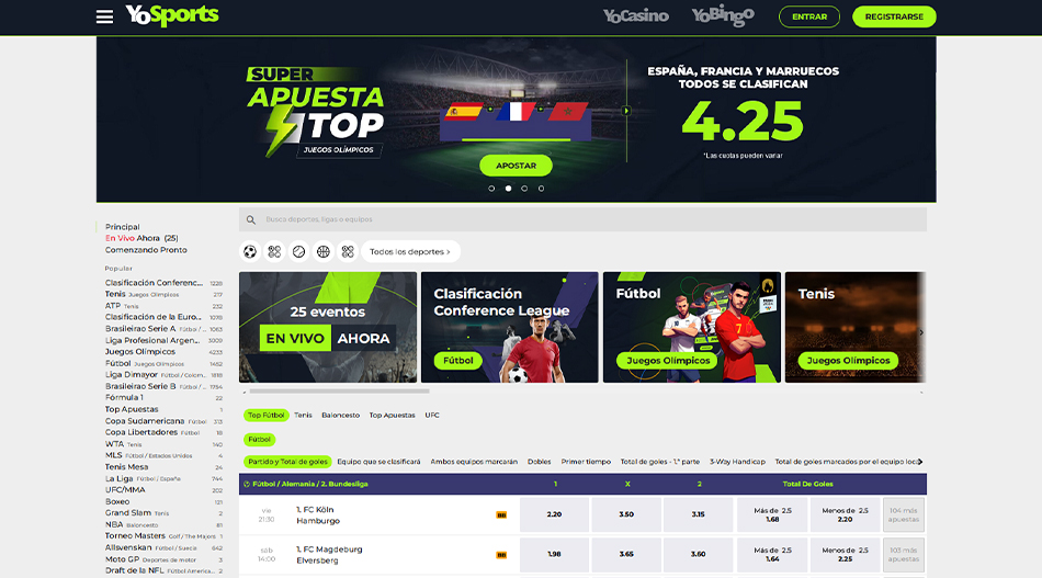 Página web con las apuestas deportivas en YoSports.