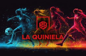 Jugadoras de fútbol y logo de la Quiniela.