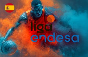 Jugador de baloncesto disputa la final de la ACB y logo de la Liga Endesa