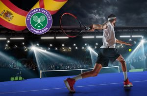Tenista junto al logo de Wimbledon y la bandera española.
