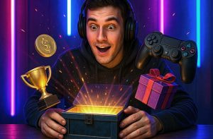 Un gamer abriendo una loot box de la que surgen varios premios.