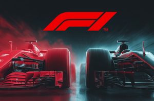 Dos pilotos compañeros de equipo junto a un monoplaza y el logo de la Fórmula 1.