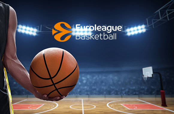Logotipo de la Euroliga de baloncesto junto a una pelota y una cancha.