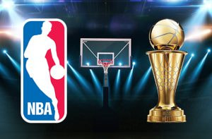 Logotipo de la NBA junto al trofeo de campeón y una cancha de baloncesto.
