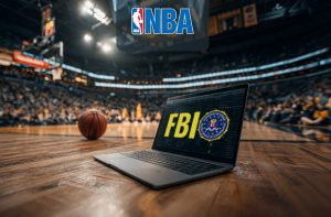 Dos jugadores de baloncesto sobre un portátil con una web de apuestas y los logos de la NBA y del FBI.
