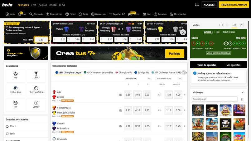 Página principal de la casa de apuestas bwin