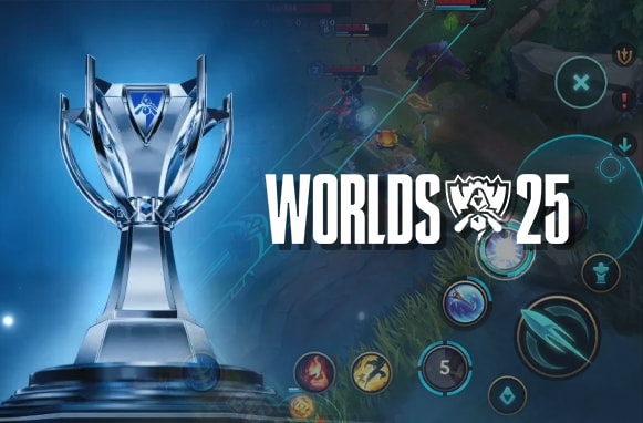 ogo del Worlds 2025 junto a un trofeo y una pantalla con el videojuego LoL.