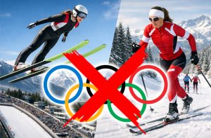 Mujeres compitiendo en combinada nórdica junto al logo de los Juegos Olímpicos tachado.