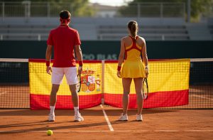 Un tenista y una tenista españoles sobre una pista de tierra batida y la bandera de España.