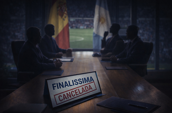 Unos directivos de fútbol en un despacho decidiendo la cancelación de la Finalissima entre España y Argentina.