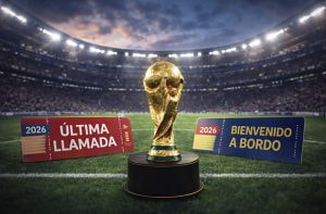 Un estadio con la Copa del Mundo dando la bienvenida a los equipos clasificados en la repesca del Mundial 2026.