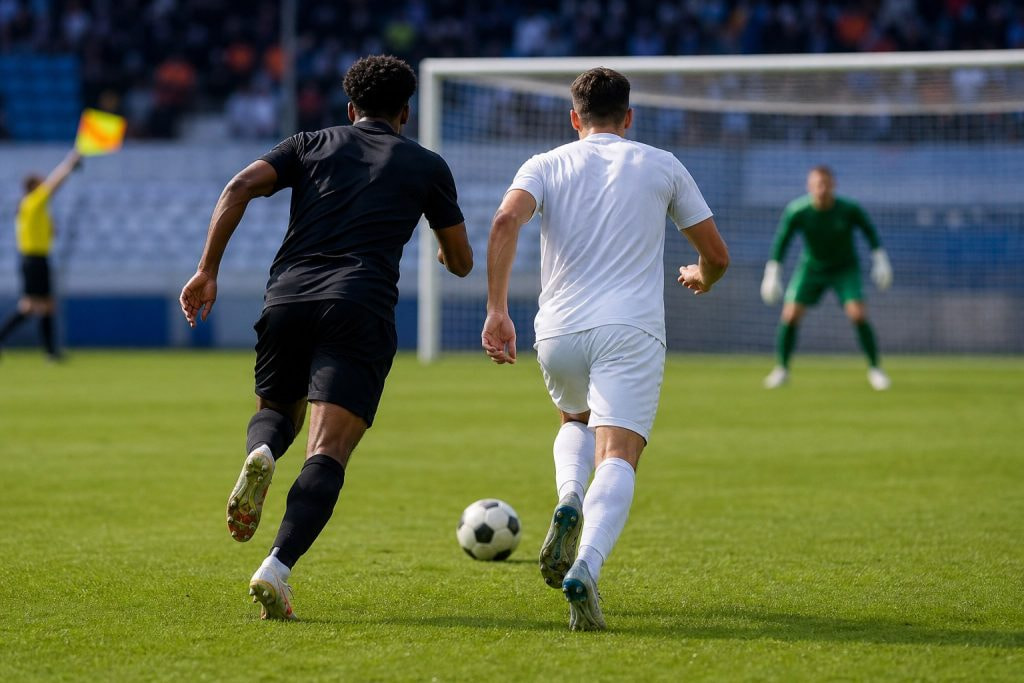 Dos jugadores corriendo de espaldas tras el balón con el arquero y el juez de línea al fondo