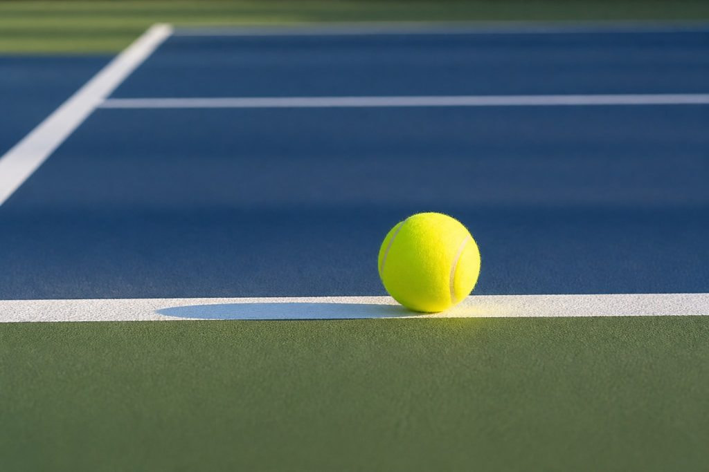 Pelota de tenis sobre la línea de fondo de una pista de tenis